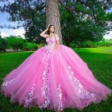Elegant Pink Wedding Dresses Tulle Puffy Lace Appliques Strapless Bridal Gowns