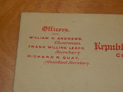 1889 FRANK WILLING LEACH CONTINENTAL HOTEL PHILADELPHIA PA REPUBLICAN STATE COM6 - Picture 2 of 8