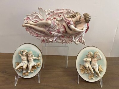 Arnart Porcelain Embracing Lovers And 2 Vintage Arnart Porcelain Cherub Plaque