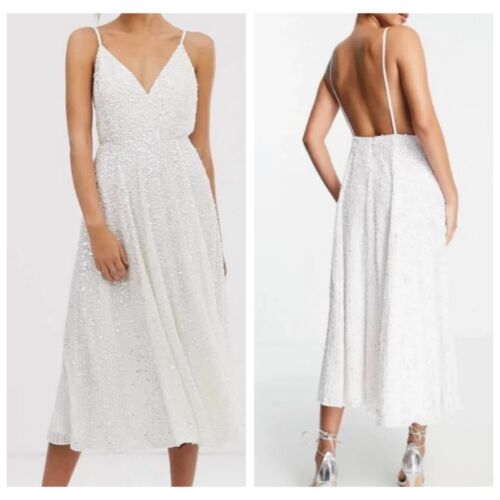 NWT ASOS EDITION Eva embellished Cami Midi Wedding Dress in Ivory Size 12 - Picture 1 of 10