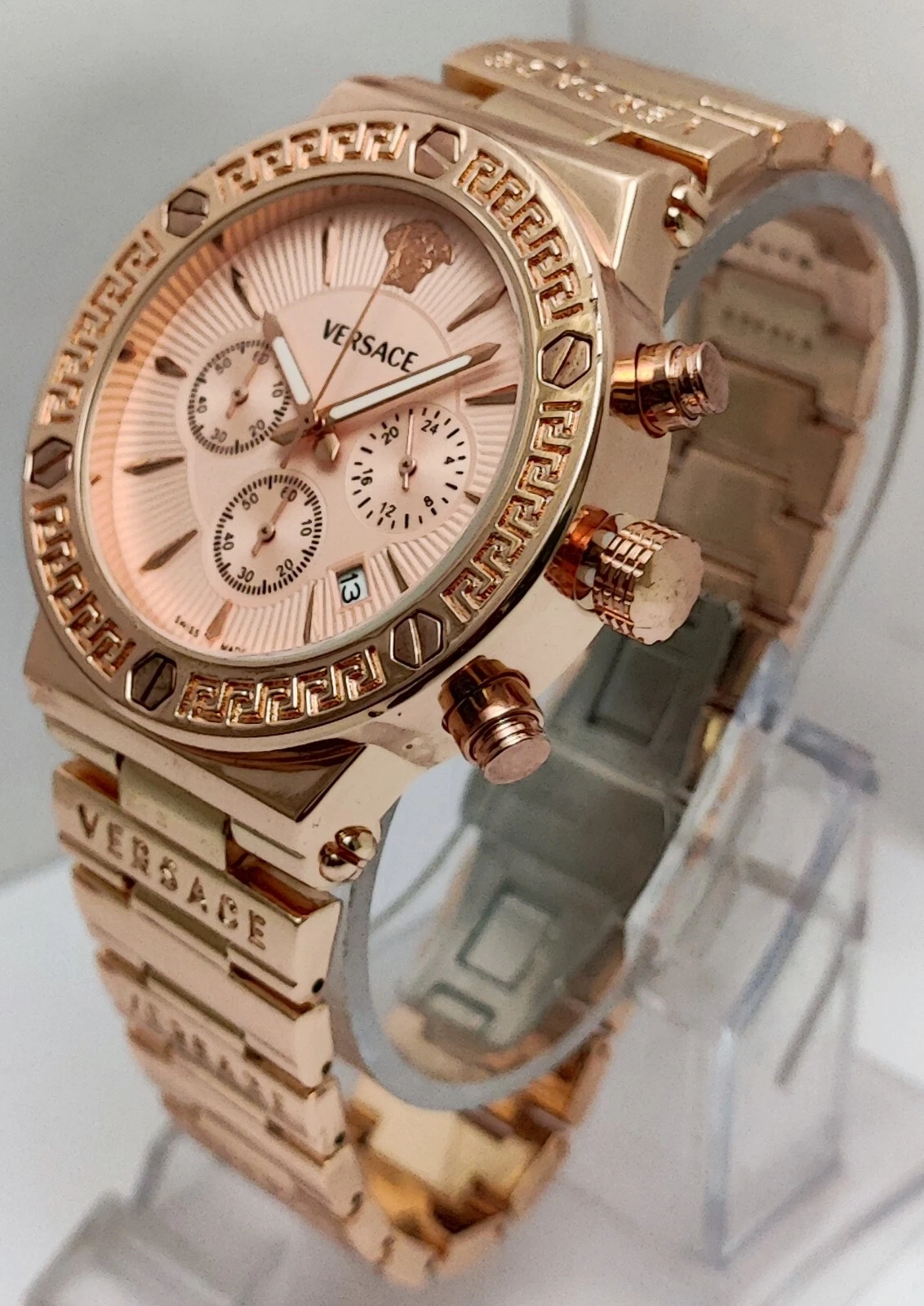 Orologio Da Polso Lusso Versace Cronografo Uomo Quadrante Bronzo Cinturino Acciaio Inox Quarzo