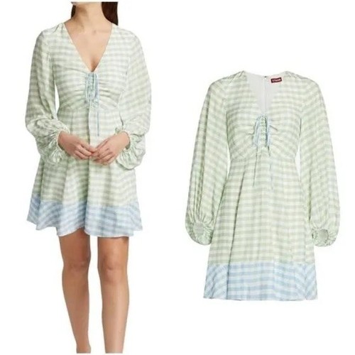 STAUD Sage Green Gingham Fit And Flare Dress( 0 )