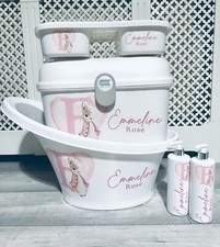 Personalised Shnuggle Baby Bath, Baby Box, top and tail tray Bunny