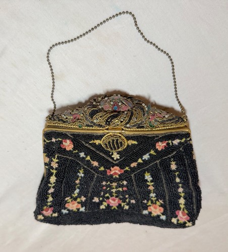 Antiguo bolso de mano hecho a mano micro vidrio con cuentas mosaico latón flor - Imagen 2 de 13