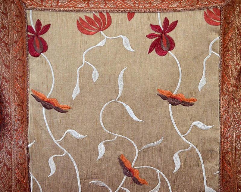 Par de (dos) fundas de almohada brocado hechas a mano bordadas seda naranja oscuro ¡India! Foto 3 de 4