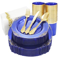 Nervure 175PCS Clear Blue Plastic Plates - Gold Plastic Plates Sets Include 2...