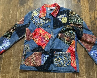 Chico s  Colorful Patch Women s Jacket Front Pockets Size 1 Beautiful Print
