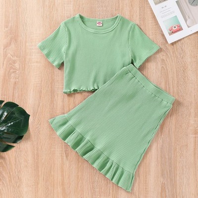 2Pcs Toddler Baby Girls Summer Clothes Ruffle Ribbed Tops Mid Long Skirt New
