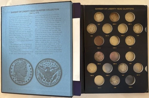 1892-1916 Liberty Barber Quarter Set With 27 Coins in nice Whitman Album
