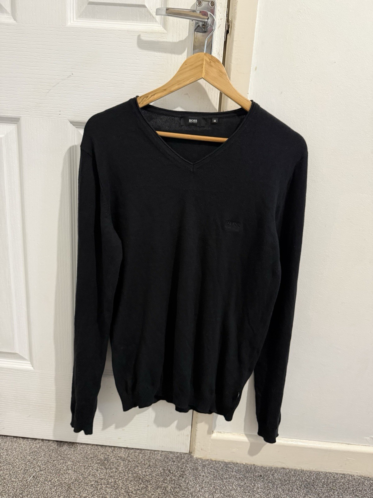 Hugo Boss Men's Jumper Sweater V Neck Cotton Wool Blend Black Premium Pullover M
