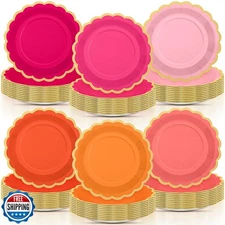 Tiangrid 96 Pcs Pink and Orange Paper Plates 9 Inch Scalloped Paper Plates Di