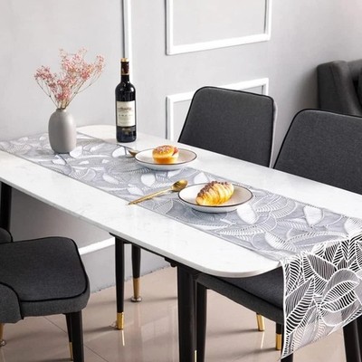 Silber Metallic Blatt Tischläufer Rutschfest Abwaschbar Esszimmer PVC Läufer Weihnachten,