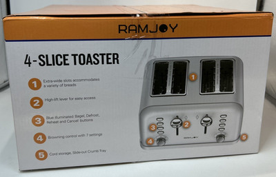 RAMJOY 4-Slice Dual Independent Controls Extra Wide Slot Toaster, White *NEW*