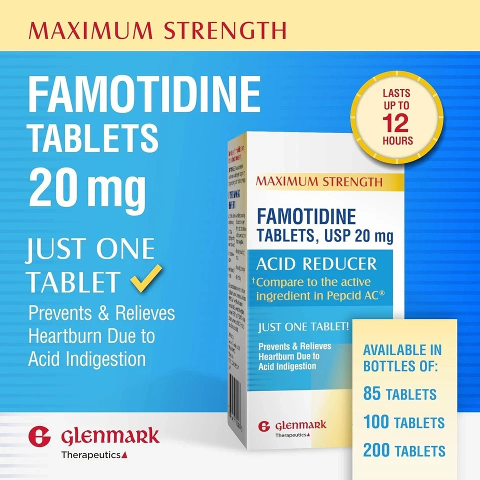 Glenmark Maximum Strength Famotidine Tablets, 20 mg, Acid Reducer for Heartburn