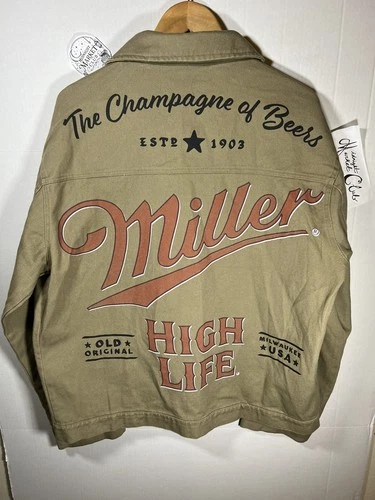 NWT Miller High Life Tan Denim Trucker Jacket Large Mad Engine Back Print Patch - product listing photo