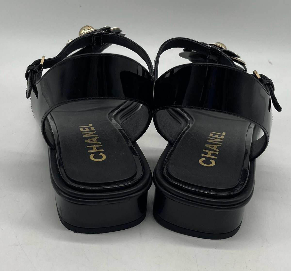 Chanel Black Patent Leather Camellia Flower CC Logo Thong Sandal