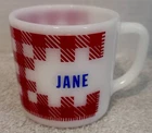 Vtg Westfield Coffee Mug Cup Name Jane Milk Glass Red White Plaid Gingham USA