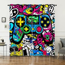 Gaming 42" W x 63" H Window Curtain - Graffiti Video Game Controller Window D...