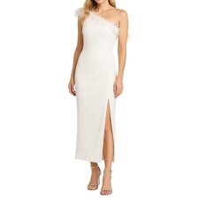 Mac Duggal Feather Trim One Shoulder Draped White Gown 2 NWT Formal Slit Dress