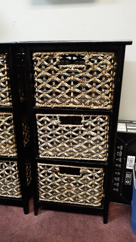 (2) Armarios de almacenamiento de mimbre de tres cajones 2 gabinetes 6 cajones tocador caja abierta Foto 3 de 4