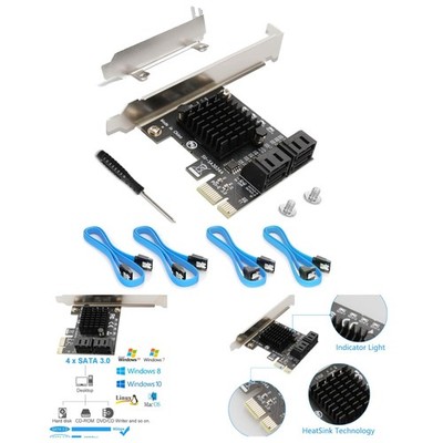 Low Profile 4 Port SATA Card, PCIe 3.0 Compatible with 4 SATA Cables Included