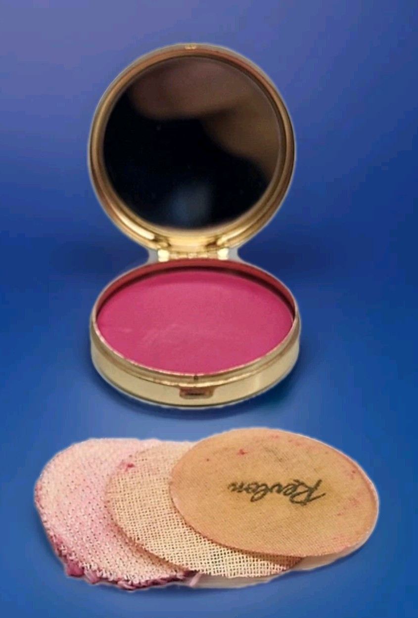 Vintage Revlon Cake Rouge Blush Gold Tone Compact Powder Puff Cherry Pink K52