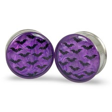 Embedded Flying Bats Over Purple Swirls Double Flare Plugs Gauges Pair