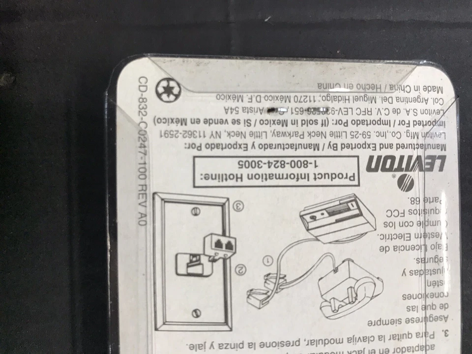 Leviton phone line modular duplex plug adapter/832-co247 white 9 available new - Изображение 3 из 4