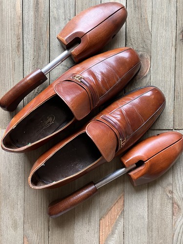 Vintage Florsheim Imperial Brown Loafers 1960s-70s Gold Accent Shoe Tree 9B - Picture 3 of 10