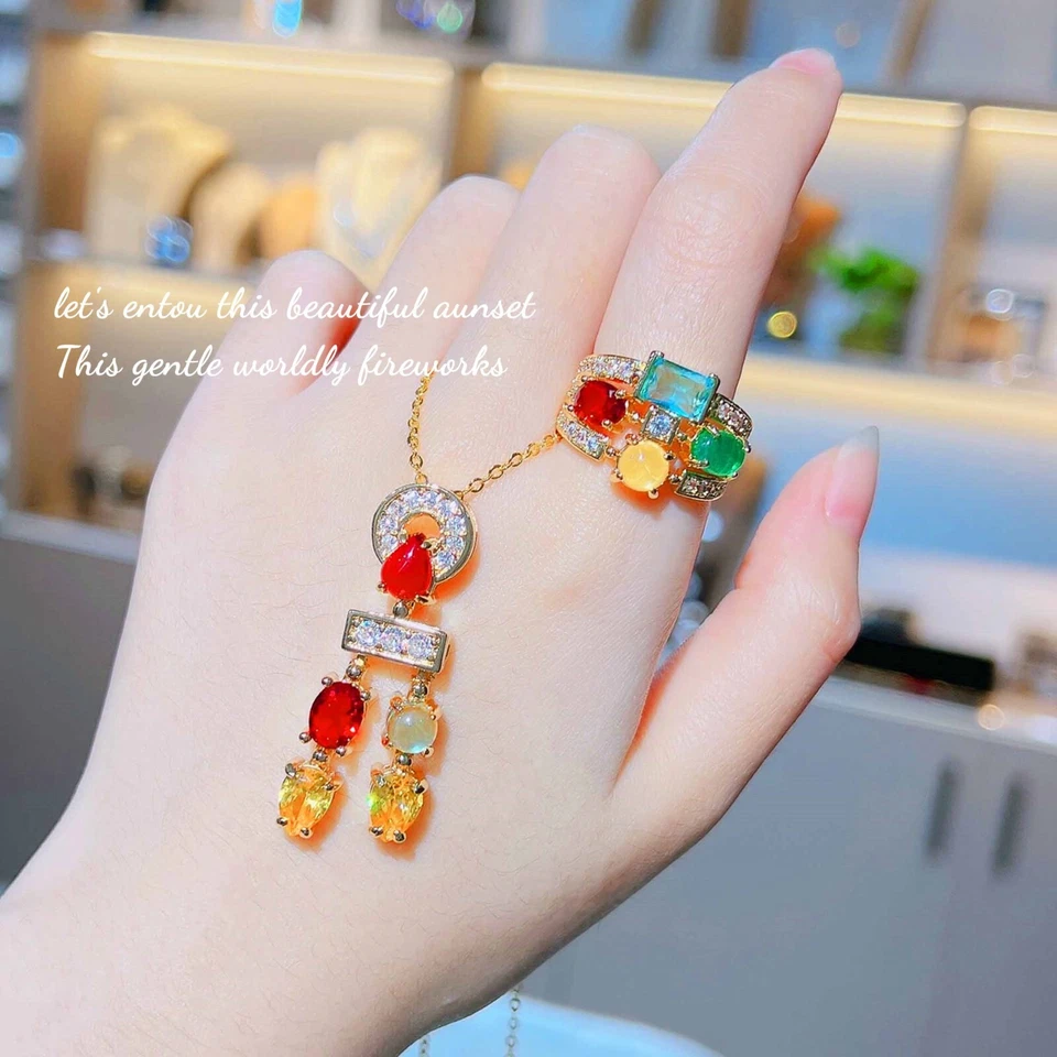 3pc Women Jewelry Set Charm Colorful Garnet Citrine Gems Necklaces Earring Rings - Image 3 of 4