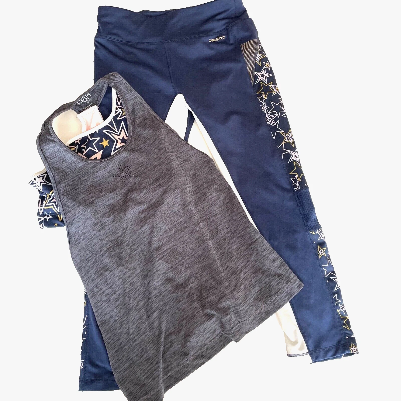 Pristine Zara girls navy and pink leggings set star print tank size 9 10