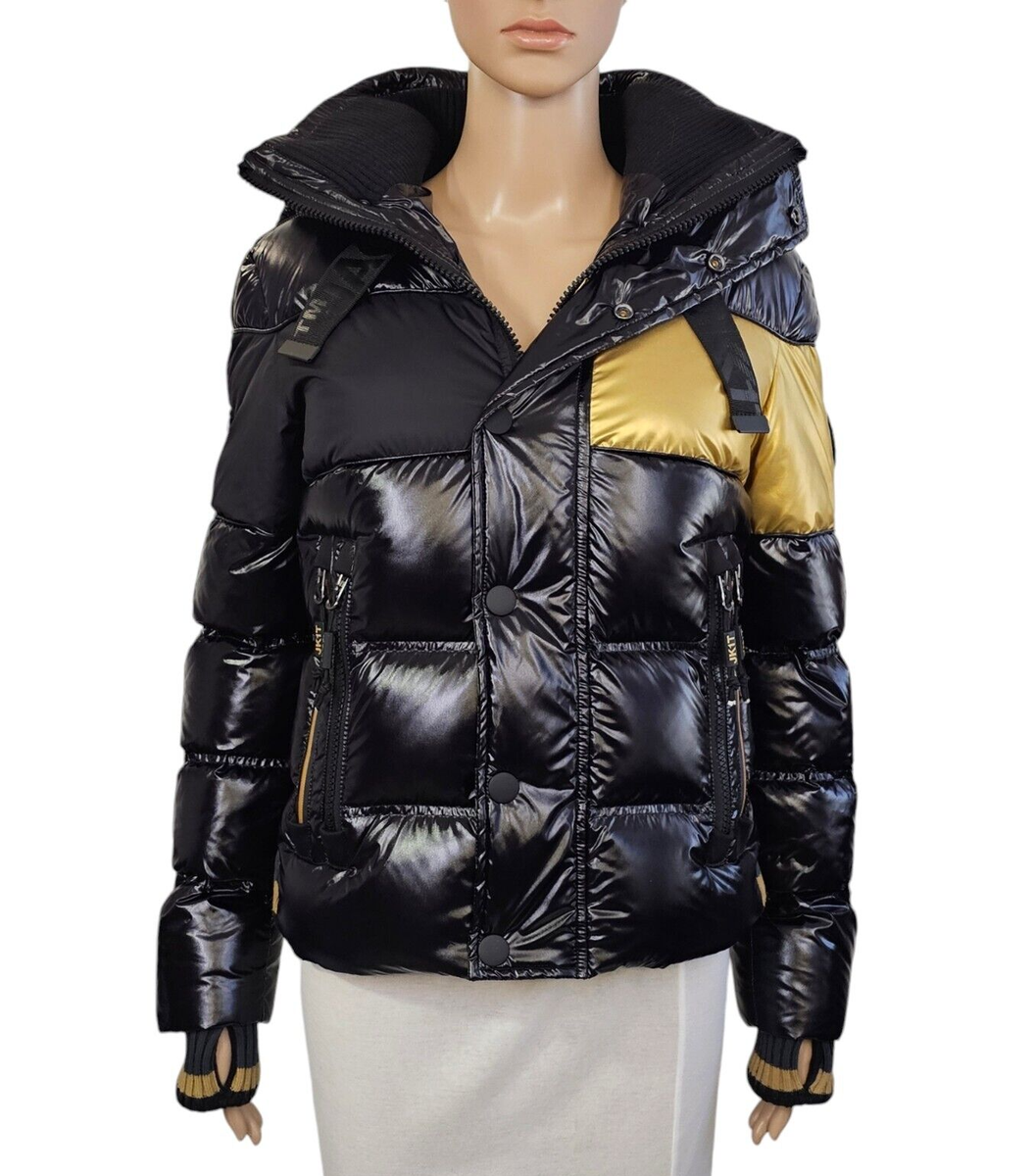 JACK1T Black & Gold Down Hooded Removable Faux Fur Puffer Jacket