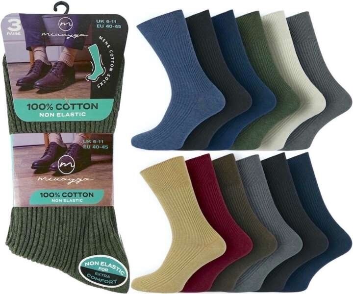 6 PAIRS Mens 100 Cotton NON ELASTIC Gentle Soft Grip Loose Top Socks