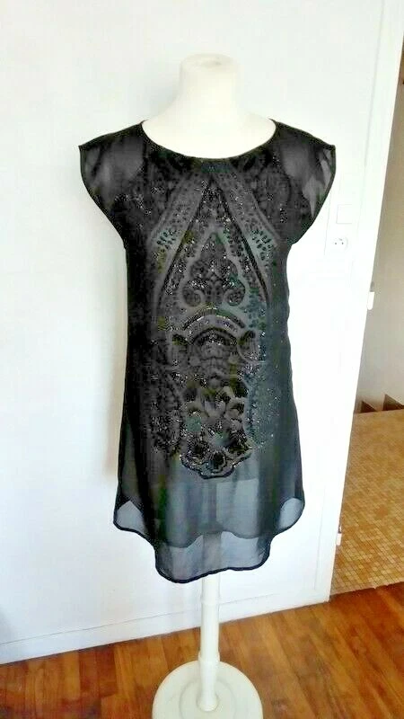 Robe Noire Texturée PROMOD Taille 36 - Style Fourreau - Manches 3/4 - Occasion Très Bon État