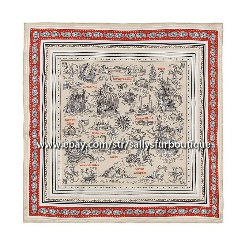 Sallys Boutique Boat Animals Print 14 Momme Twill Silk Shawl Bandanna Scarf 65cm