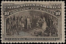 U.S. Scott # 237; 1893 10c blk brn Columbus Presenting Natives  - Unused FOG