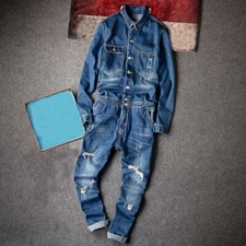 Mens Classic Denim Overalls HipHop Long Sleeve Tops Pants Rompers Jumpsuit Jeans