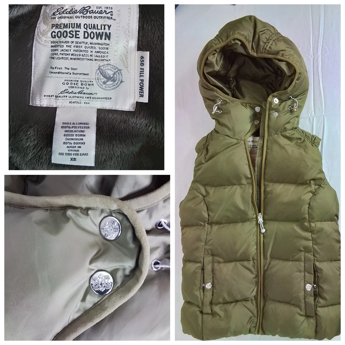 Eddie Bauer Goose Down Vest Women s XS Olive Green Hooded J1676