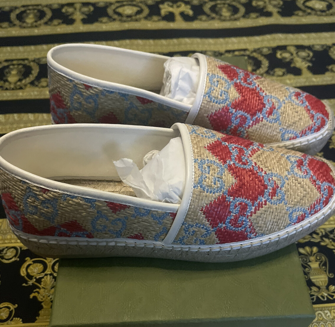 New AUTH Gucci Mens Herringbone Straw GG Monogram Espadrille  display picture 1