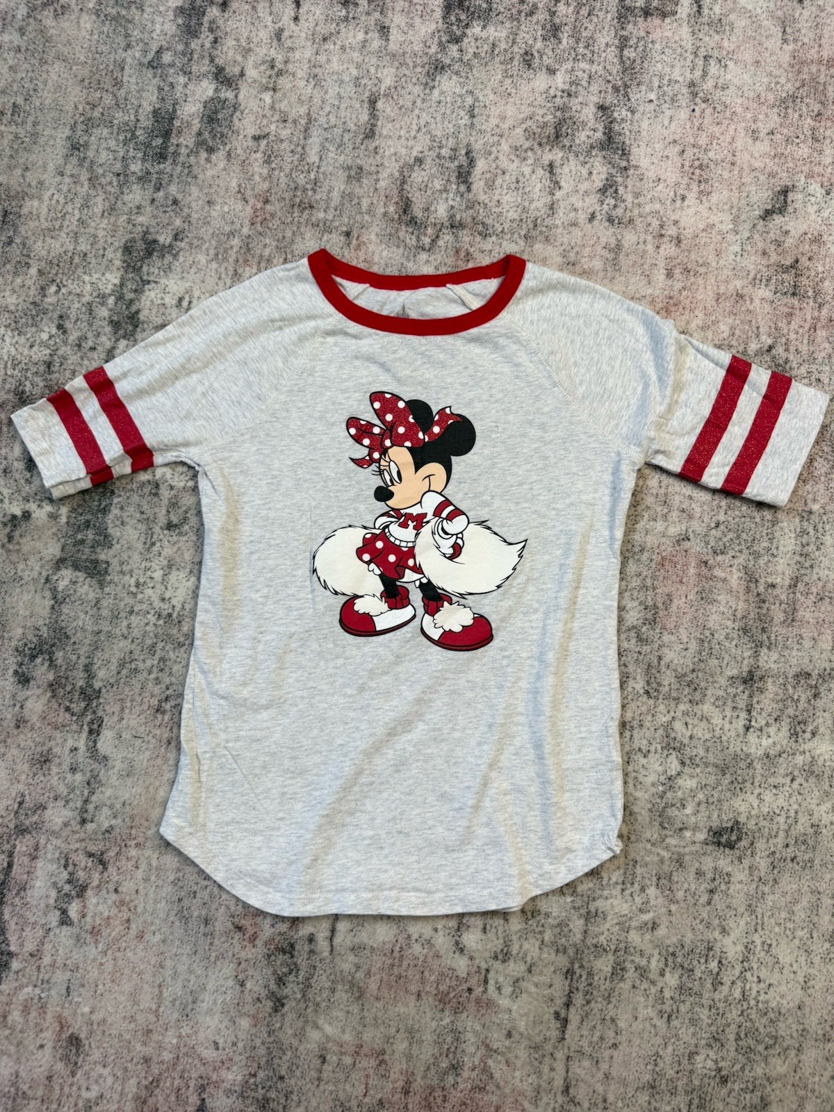 Disneyland Resort Minnie Mouse Cheerleader T-Shirt Girls Size L Gray Red