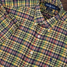 Vtg Polo Ralph Lauren Men's M Short Sleeve Button Down Blake Yellow Green Plaid