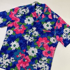 Vintage Liberty House Shirt Mens M Barkcloth Hawaiian 60s Floral Turquoise Blue