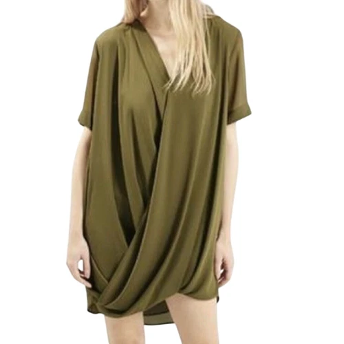 VETEMENTS TOPSHOP Vestito donna 6 verde oliva avvolgente manica corta mini oversize Lagenlook