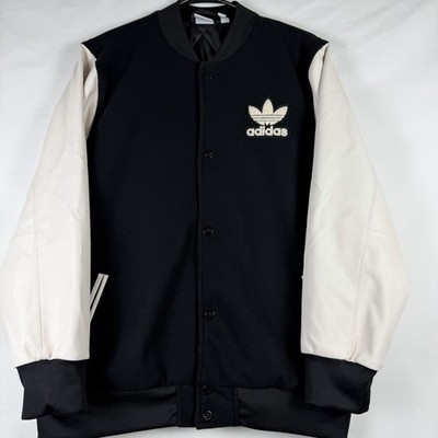 Adidas Originals Varsity Jacket Black & Cream Leather Sleeve Bomber Letterman Y2