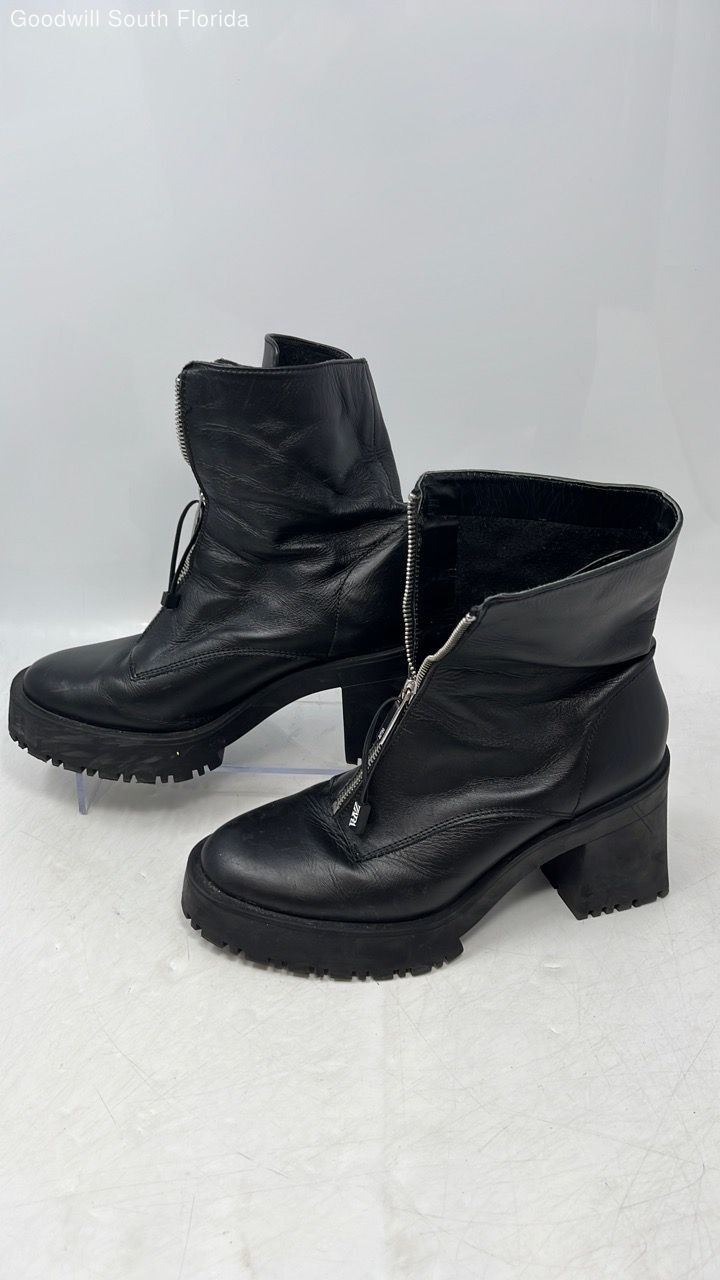Zara Womens Black Leather Round Toe Block Heel Front Zip Combat Boots Size EU 39