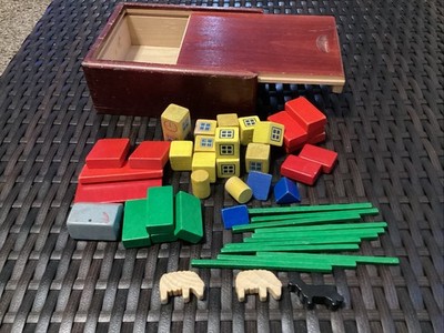 Spiel Welt Miniature Wood Blocks Animals  43 Pcs Germany? W/ Sliding Wooden Box
