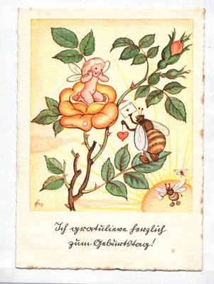 Postcard Birthday Fairy and Bees Rose Fay 1940