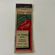 Big Springs Hotel Verna Edwards Seward PA Vintage Matchbook Cover SMB25-6