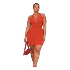 PrettyLittleThings Ruched Halter Dress Red Satin Mini 14