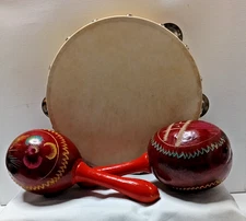 Tambourine 8" & Pair of Maracas Caribbean Color Design Hand Painted Wood NWOT